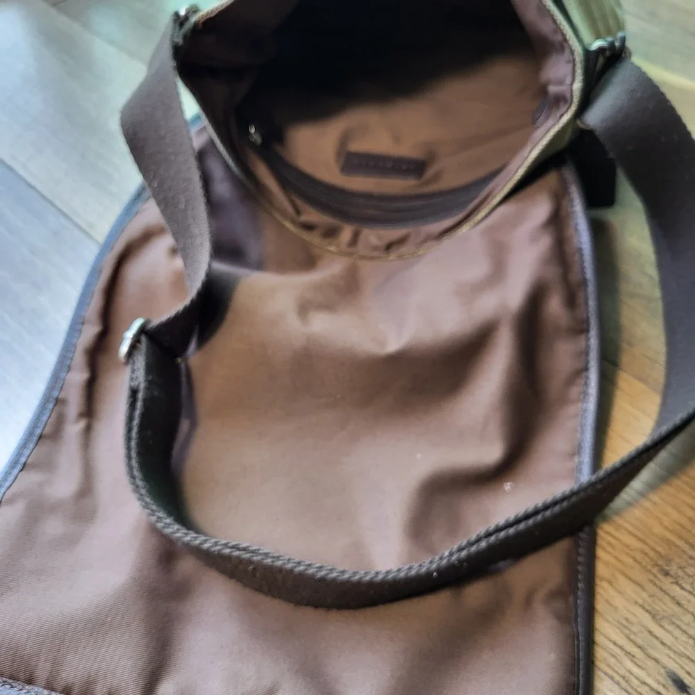Levenger Olive Green Canvas & Brown Leather Trim Messenger Crossbody Bag